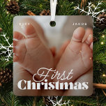 Ornement En Métal Baby First Christmas Élégant Photo personnalisée m<br><div class="desc">Design est composé de typographie chic moderne avec sans serif et serif police. Ajoutez une photo personnalisée du bébé et de l'année.</div>