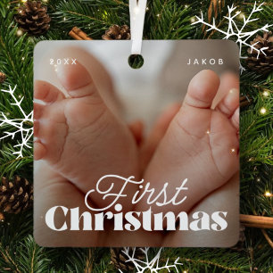 Ornement En Métal Baby First Christmas Élégant Photo personnalisée m
