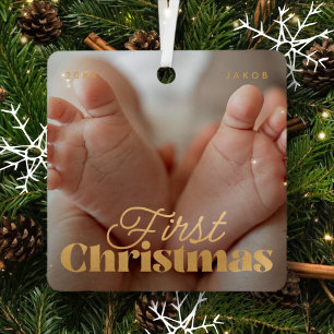 Ornement En Métal Baby First Christmas Élégant Photo personnalisée m