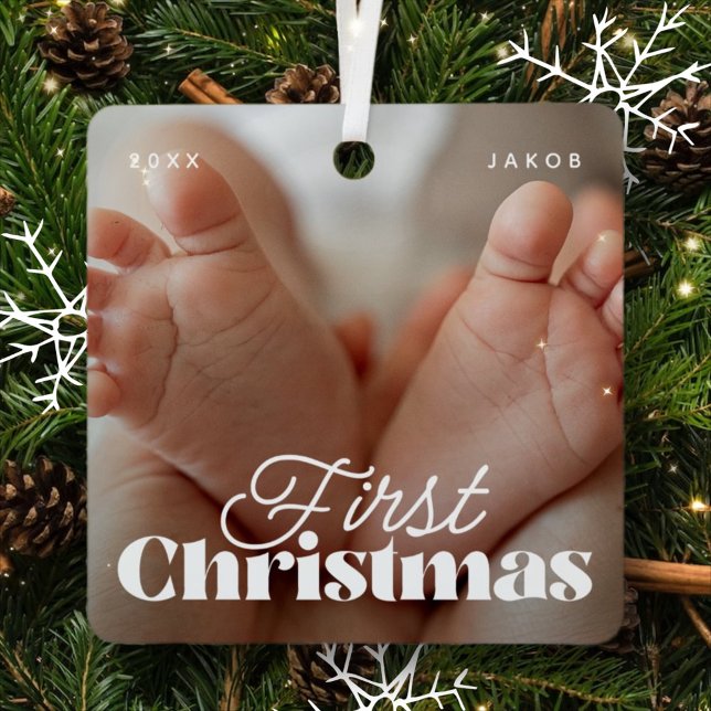 Ornement En Métal Baby First Christmas Élégant Photo personnalisée m (Créateur téléchargé)