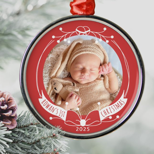 Ornement En Métal Baby's First Christmas Custom Name Year Photo (Baby's First Christmas Photo Ornament, Personalized Name Year, Minimalist Line Art Custom Keepsake)