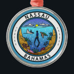 Ornement En Métal Badge de plongée Nassau Bahamas<br><div class="desc">Design vectoriel Nassau. Station de paquebots de croisière populaire,  la ville possède un paysage vallonné et est connue pour ses plages ainsi que ses récifs coralliens au large,  populaires pour la plongée sous-marine et la plongée avec tuba.</div>