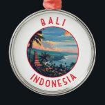 Ornement En Métal Bali Indonésie Cercle en détresse rétrograde<br><div class="desc">Conception de voyage vectorielle rétro Bali. Bali est une île du sud-est asiatique réputée pour ses plages,  ses temples et sa culture. Elle abrite également la vie marine,  des parcs safaris et des oeuvres d'art.</div>