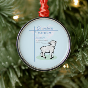 Ornement En Métal Baptême Petit-Fils Bleu Agneau Garçon Personnalisé