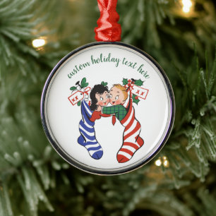 Ornement En Métal Bas de Noël Vintage avec de mignons enfants