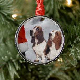 Ornement En Métal Basset Hound avec Père Noël Christmas