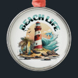 Ornement En Métal Beach Life<br><div class="desc">Le décor de Noël sur la plage. Illustration d'une scène de plage avec phare,  planches de surf,  palmiers et dauphin.</div>