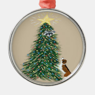 Ornement En Métal Beagle avec Raton Laveur dans l'Arbre de Noël