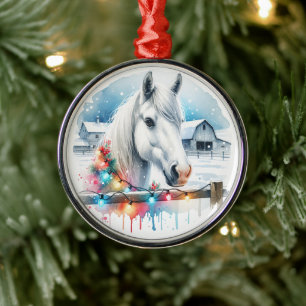 Ornement En Métal Beau Cheval Blanc à la ferme Noël
