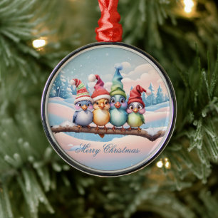 Ornement En Métal Beaux oiseaux imaginaires avec casquettes de Noël.
