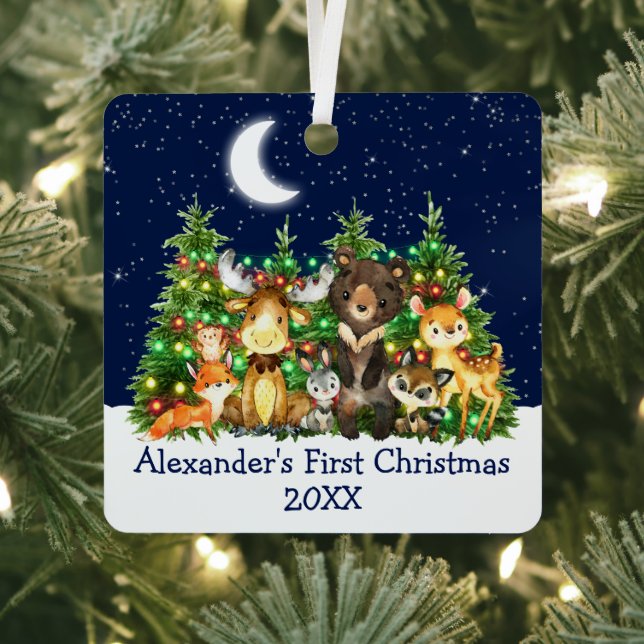 Ornement En Métal Bébé Première forêt de Noël Animaux Lumières Bleu (Insitu)