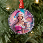 Ornement En Métal Belle fille de Noël rose 01<br><div class="desc">Belle illustration d'une belle fille en robe rose et casquette du Père Noël avec boîte cadeau près du sapin de Noël. Choisissez cette adorable fille dans les suites Père Noël entourée de l'atmosphère magique de Christimas pour célébrer vos vacances avec joie et une touche de magie. Vous pouvez trouver tous...</div>