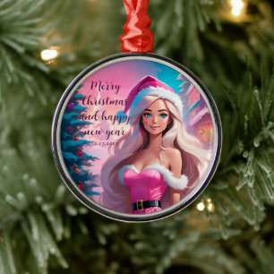 Ornement En Métal Belle fille de Noël rose 01