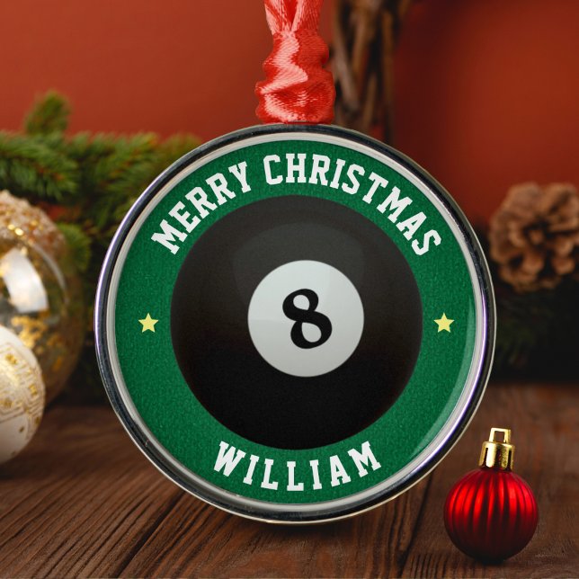 Ornement En Métal Billard de la piscine 8 Ball Green Joyeux Noël (Pool Billiards 8 Ball Green Merry Christmas Metal Ornament)