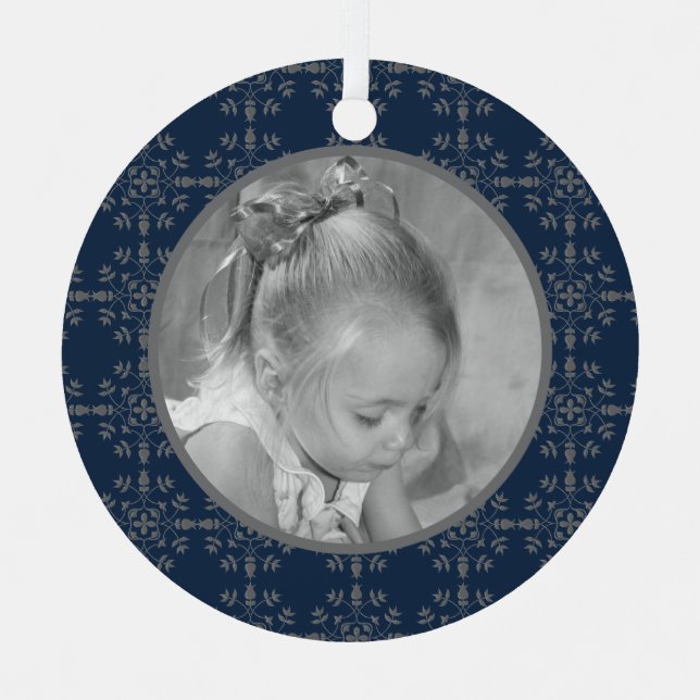 Ornement En Métal Bleu marine Élégant Flocon de neige Photo Noël (Recto)