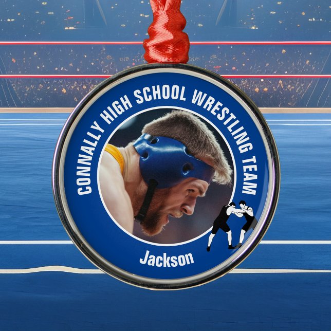 Ornement En Métal Blue Wrestling Team Photo Wrestler Christmas (Créateur téléchargé)