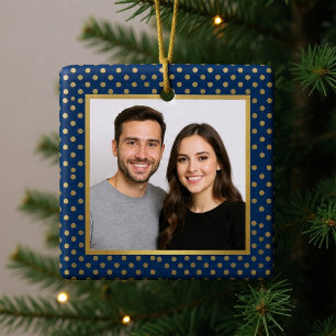 Ornement En Métal Cadre photo Noël à pois Navy & Or Classique