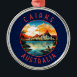 Ornement En Métal Cairns Australia Retro Cercle en détresse<br><div class="desc">Cairns design de déplacement vectoriel rétro. Cairns est une ville du Queensland,  en Australie,  sur la côte nord-est tropicale du Far North Queensland. Fondé en 1876,  il est considéré comme la porte d'entrée de la Grande Barrière de Corail d'Australie et de la forêt tropicale humide des Tropiques.</div>