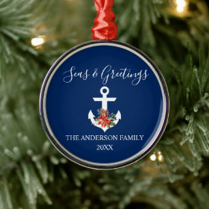 Ornement En Métal Calligraphie Mer et Salutations Poinsettia Ancre