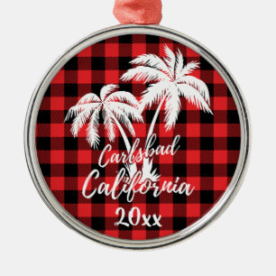 Ornement En Métal Carlsbad California Beach Palm Tree Red Plaid