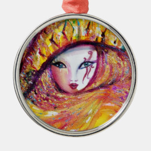 ORNEMENT EN MÉTAL CARNAVAL EN JAUNE D'OR AVEC ROSE ROUGE