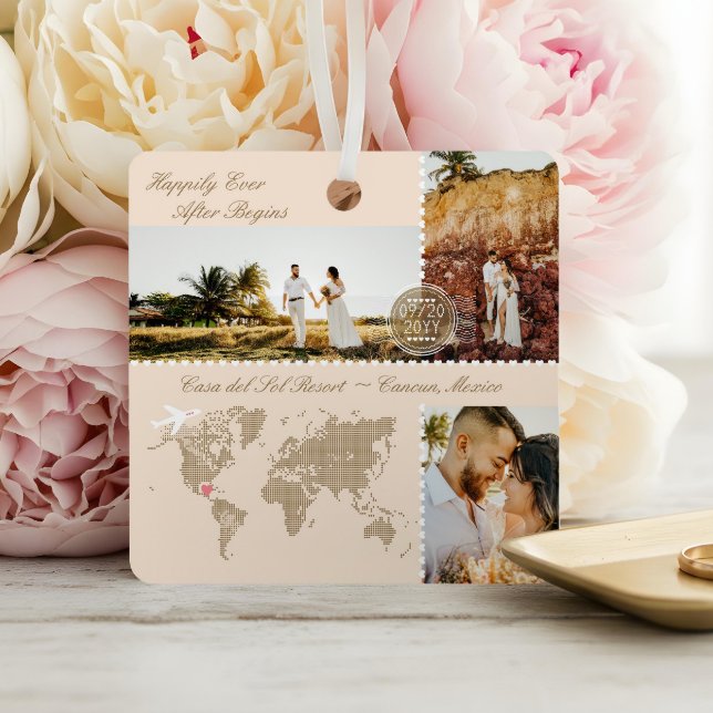 Ornement En Métal Carte de mariage de destination Pin Photo Collage  (Destination Wedding Map Pin Photo Collage Keepsake Metal Ornament)