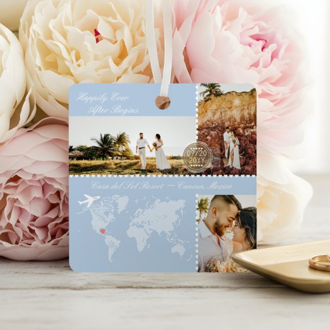Ornement En Métal Carte de mariage de destination Pin Photo Collage  (Destination Wedding Map Pin Photo Collage Keepsake Metal Ornament)