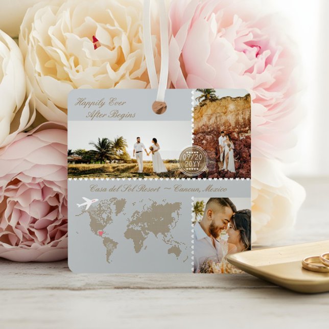 Ornement En Métal Carte de mariage de destination Pin Photo Collage  (Destination Wedding Map Pin Photo Collage Keepsake Metal Ornament)
