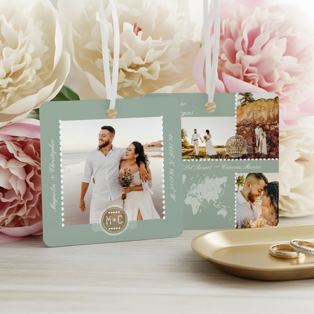 Ornement En Métal Carte de mariage de destination Pin Photo Collage  (Destination Wedding Map Pin Photo Collage Keepsake Metal Ornament)