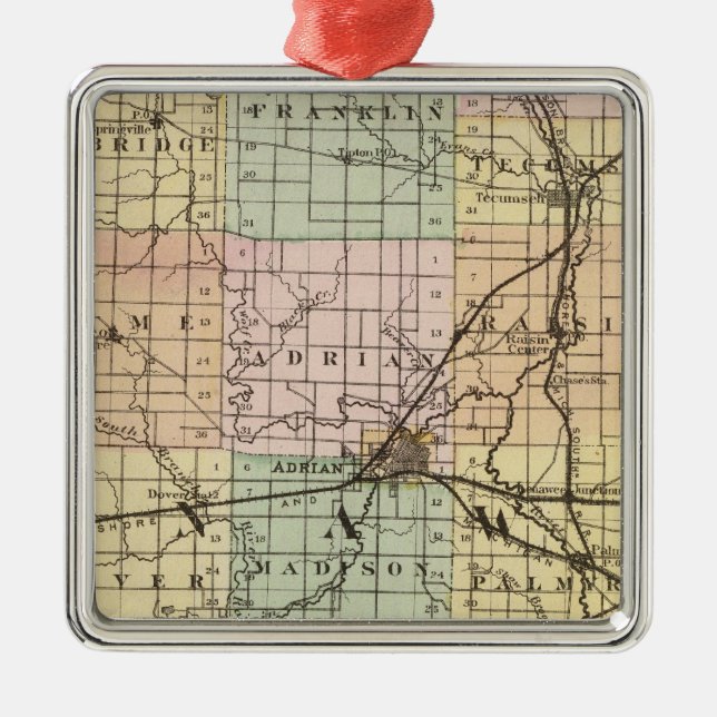 Ornement En Métal Carte du comté de Lenawee, Michigan (Devant)