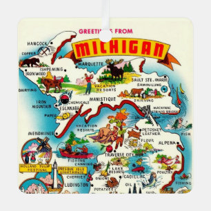 Ornement En Métal Carte postale colorée Vintage Michigan Map