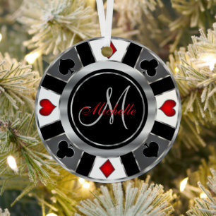 Ornement En Métal Casino Poker Monogram Chip - Argent