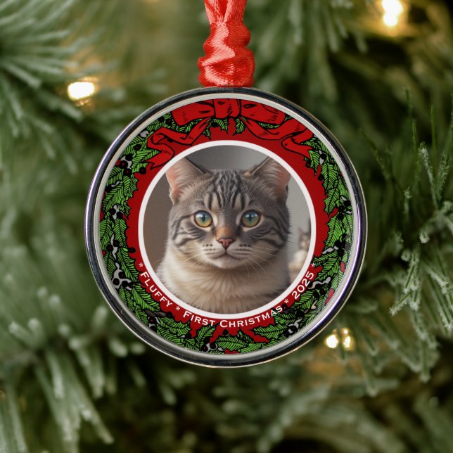 Ornement En Métal Cat Custom photo First Christmas wreath  (Arbre)