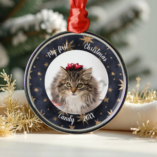 Ornement En Métal Cat Pet First Christmas Photo Rustic Messy Stars