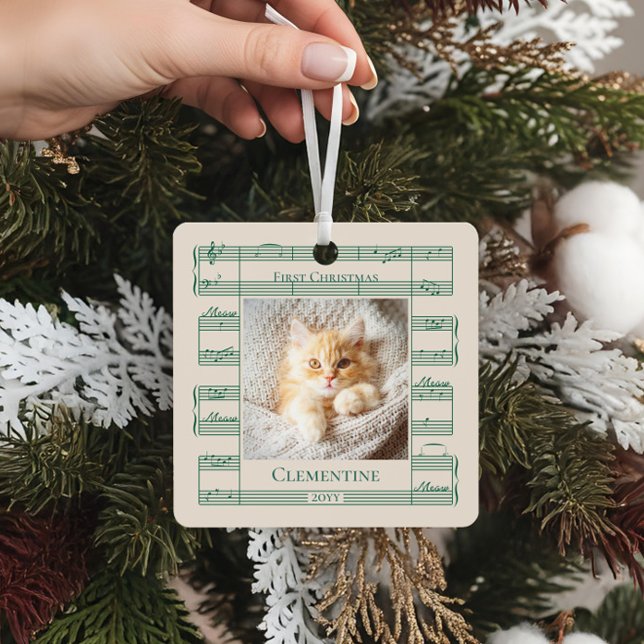 Ornement En Métal Cat Photo First Christmas Meow Feuille Musique (Cat Photo First Christmas Meow Meow Sheet Music Metal Ornament)