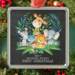 Ornement En Métal Chalkboard Jungle Baby's First Christmas Ornament<br><div class="desc">De mignons animaux de safari pour un bébé garçons ou filles premier Noël. Notre jolie scène de jungle présente une girafe,  singe,  éléphant,  zèbre,  hippo & lion. Objets correspondants disponibles dans notre boutique.</div>