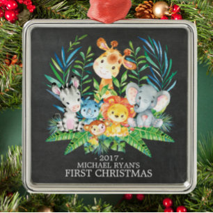 Ornement En Métal Chalkboard Jungle Baby's First Christmas Ornament