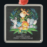 Ornement En Métal Chalkboard Jungle Baby's First Christmas Ornament<br><div class="desc">De mignons animaux de safari pour un bébé garçons ou filles premier Noël. Notre jolie scène de jungle présente une girafe,  singe,  éléphant,  zèbre,  hippo & lion. Objets correspondants disponibles dans notre boutique.</div>