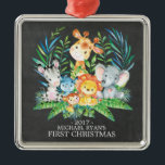 Ornement En Métal Chalkboard Jungle Baby's First Christmas Ornament<br><div class="desc">De mignons animaux de safari pour un bébé garçons ou filles premier Noël. Notre jolie scène de jungle présente une girafe,  singe,  éléphant,  zèbre,  hippo & lion. Objets correspondants disponibles dans notre boutique.</div>