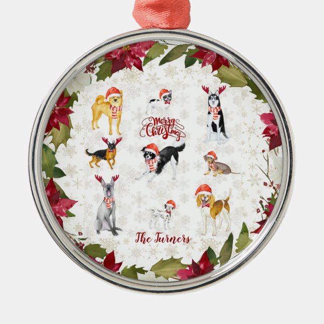 Ornement En Métal Chapeau de Noël Chiens Poinsettia Monogramme (Devant)