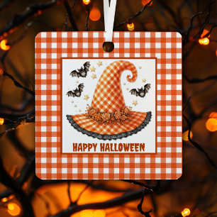 Ornement En Métal Chapeau de sorcière Halloween à carreaux orange et