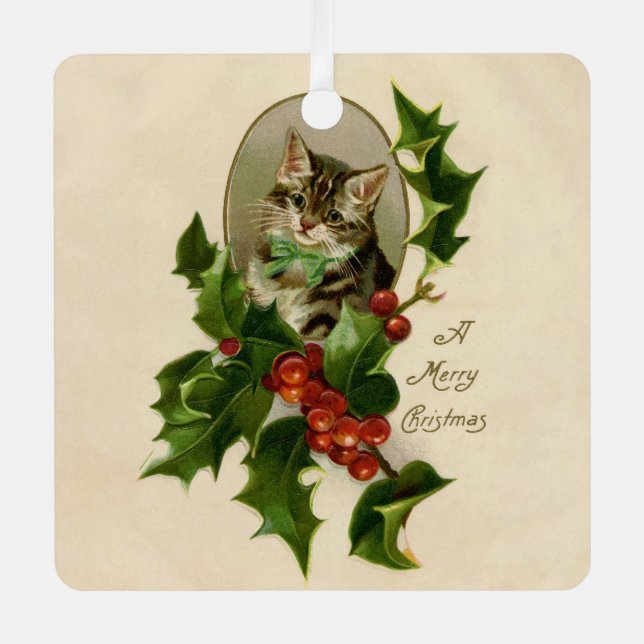 Ornement En Métal Chat Noël Joyau Holly Kitten Art antique (Recto)