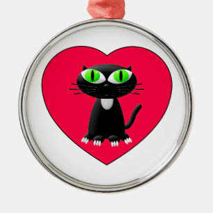 Ornement En Métal Chat noir dans le coeur rouge
