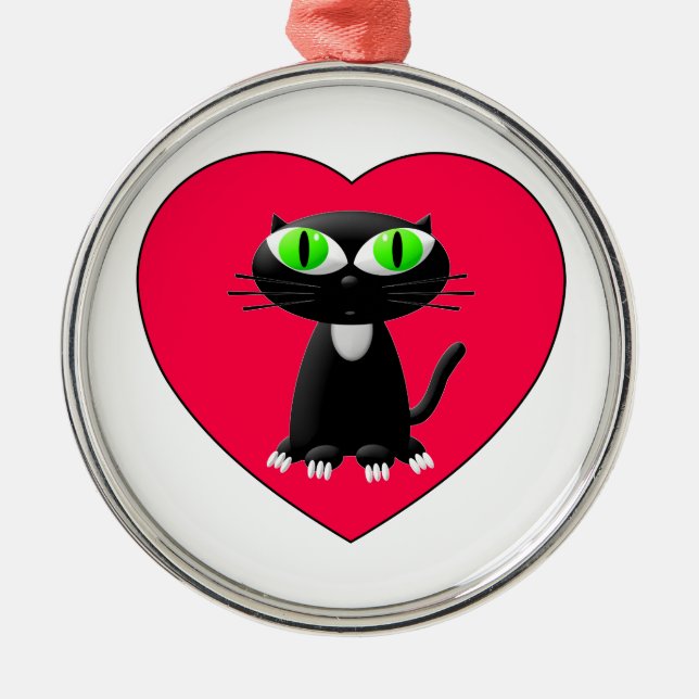 Ornement En Métal Chat noir dans le coeur rouge (Devant)