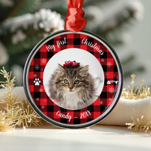 Ornement En Métal Chat Pet First Christmas Photo Russe Buffalo Check