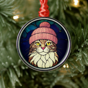 Ornement En Métal Chat tigré de Noël en verre coloré avec un bonnet