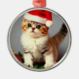 Ornement En Métal Chaton de Noël Vintage à Santa Hat