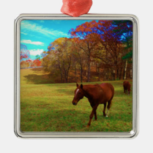 Ornement En Métal Cheval Brown dans un champ de couleur arc-en-ciel