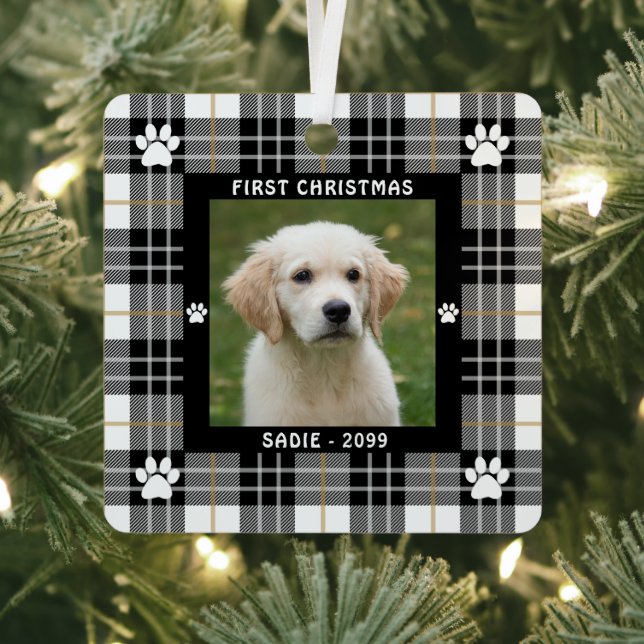 Ornement En Métal Chien PREMIER NOËL Tan Blanc Noir Tan Plaid 2 Phot (Insitu)