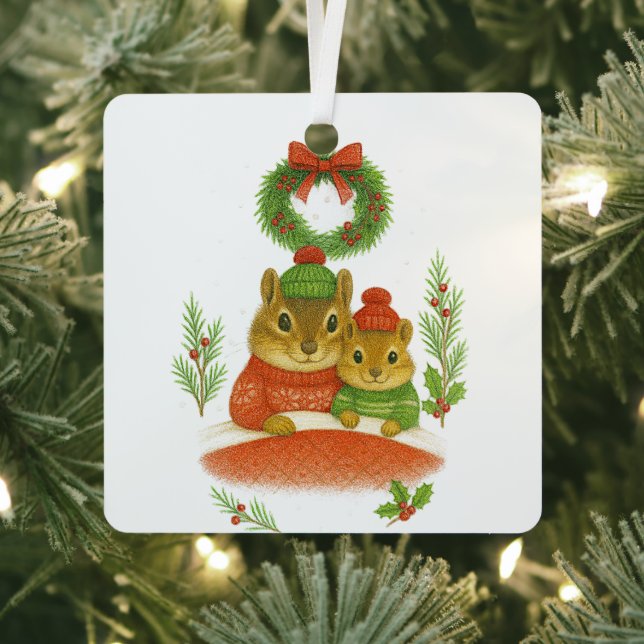 Ornement En Métal Chipmunk Mom & Child Christmas Whimsical Ornament (Insitu)